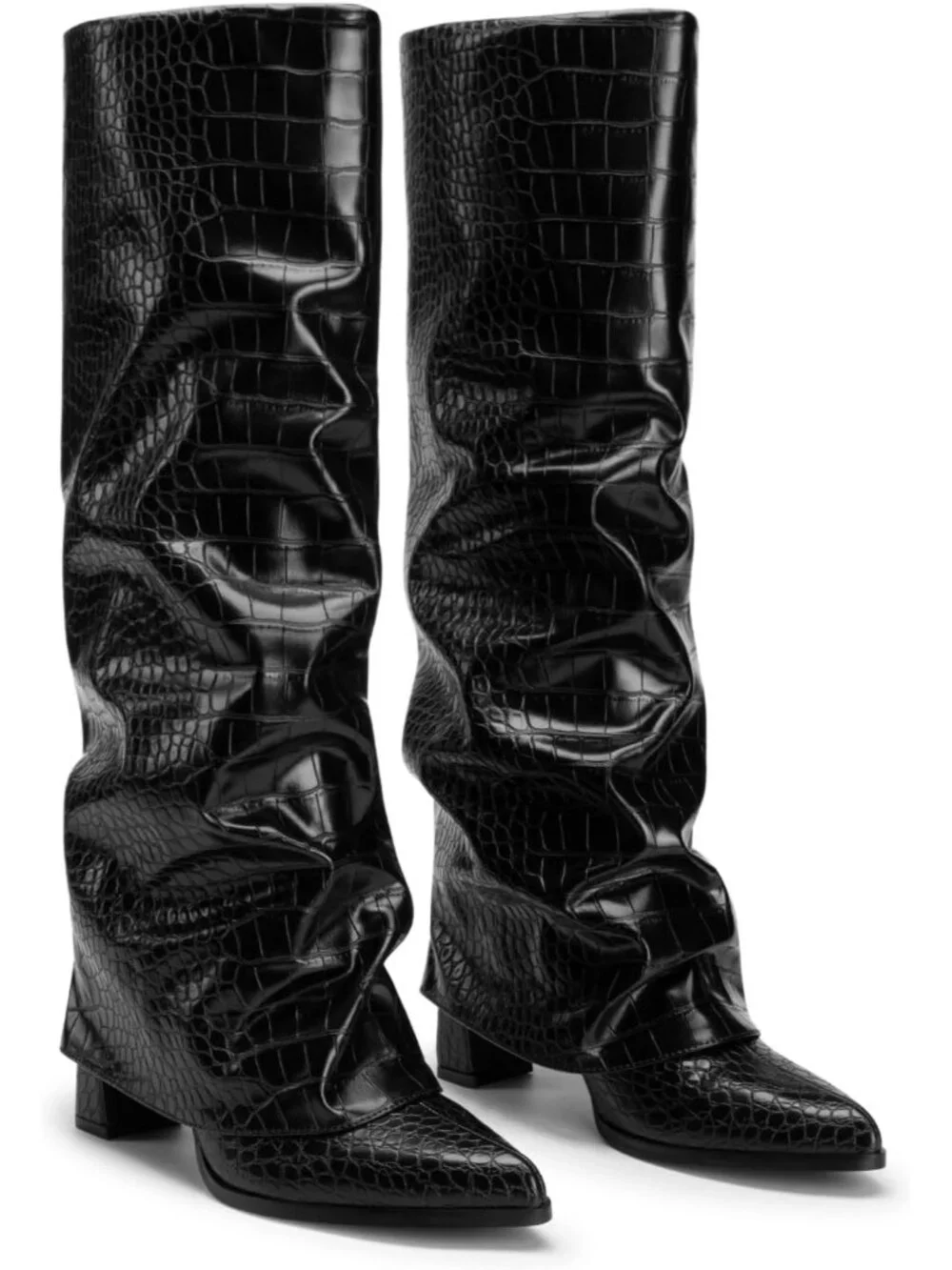 Women's Black Croco Pointed Toe Pu Leather Chunky Heel Fold Over Knee High Boots